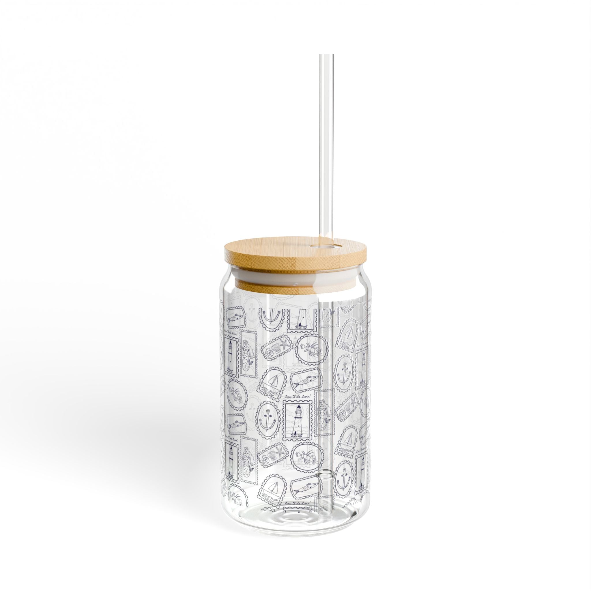 Stamped by the Sea 16 oz Glass Tumbler with Lid and straw