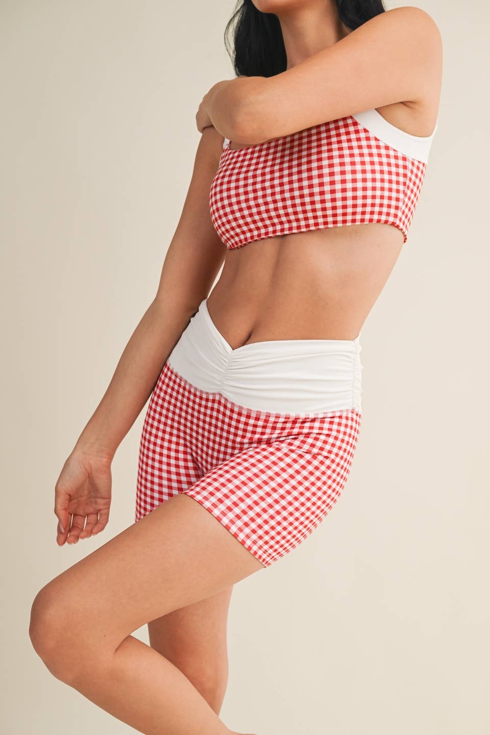 Red Gingham Ruched Waistband Biker Shorts