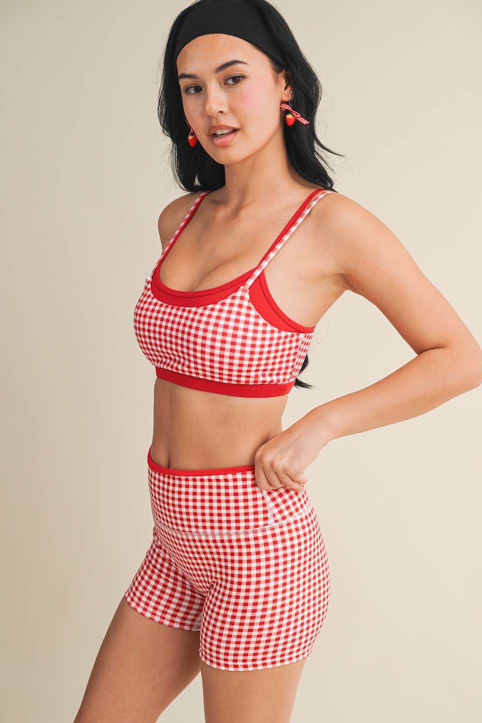 Red Gingham Layered Sports Bra
