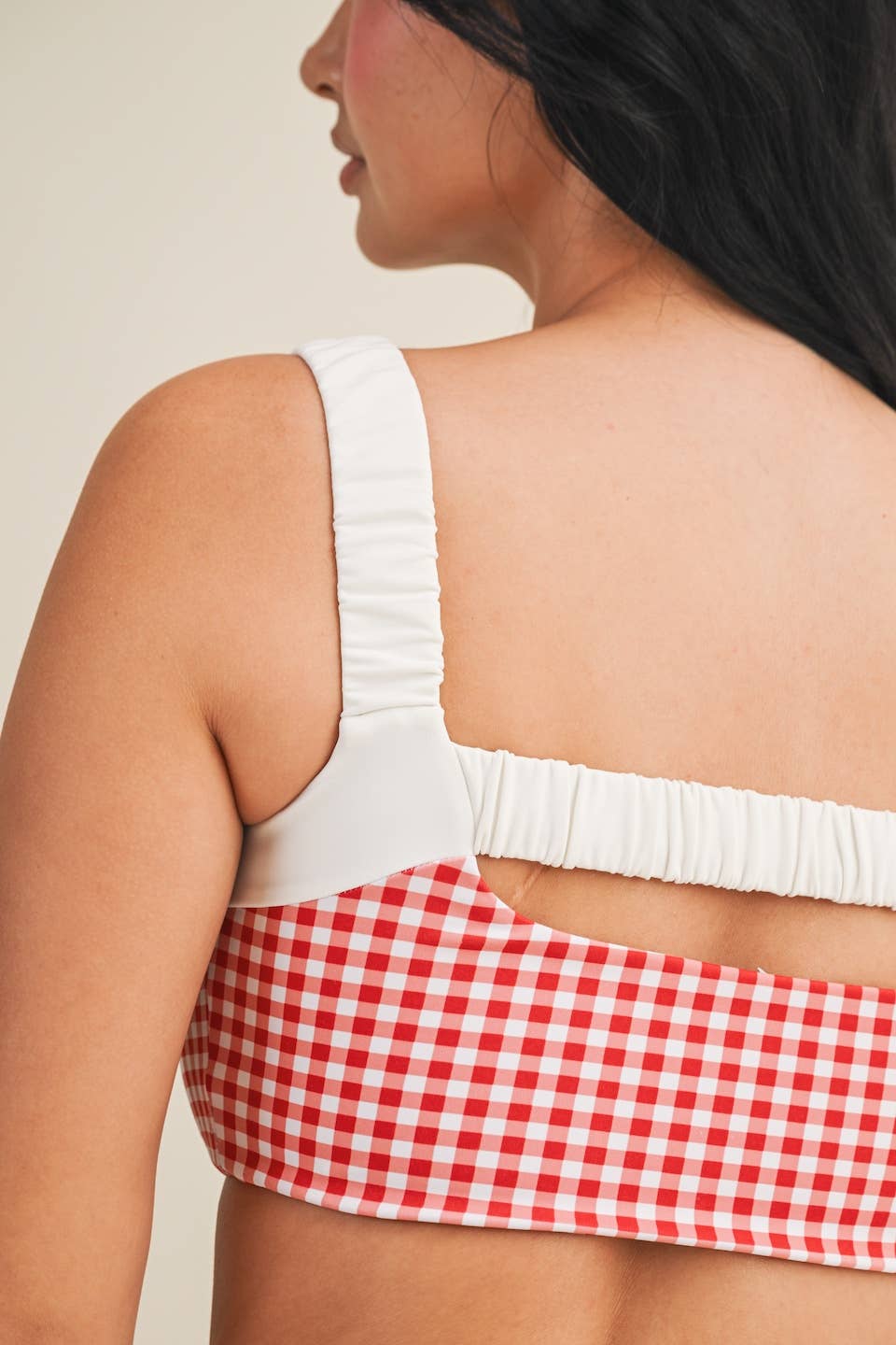Red Gingham Scrunched Strap Sports Bra