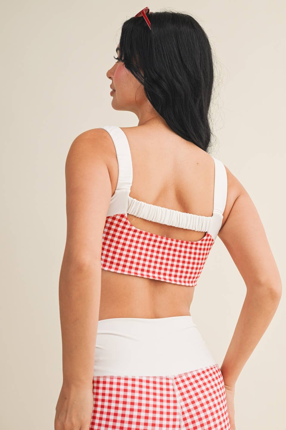 Red Gingham Scrunched Strap Sports Bra