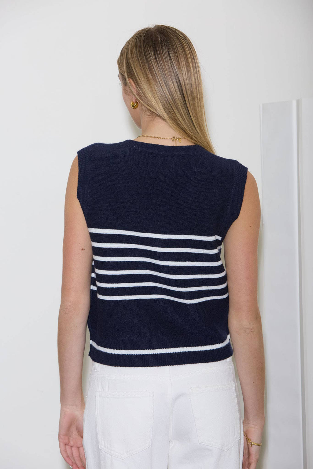 navy and white stripe sweater vest