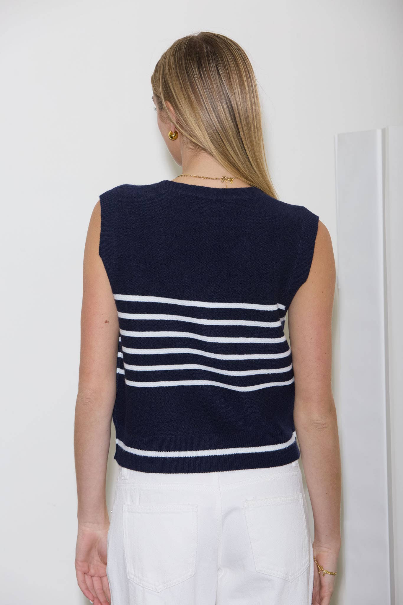 navy and white stripe sweater vest