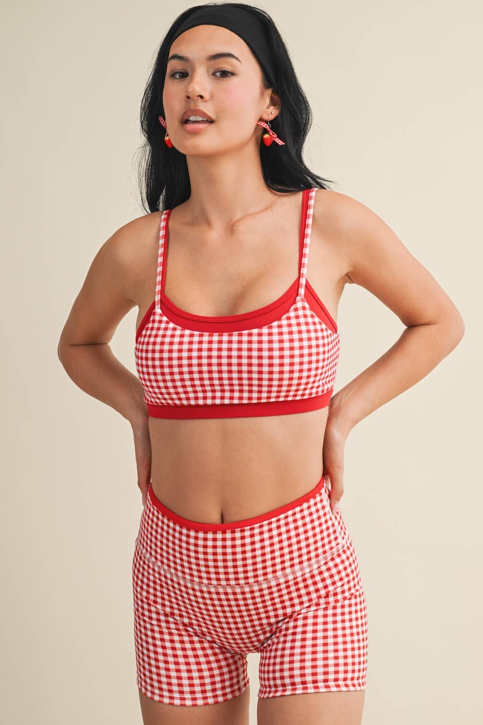 Red Gingham Layered Sports Bra
