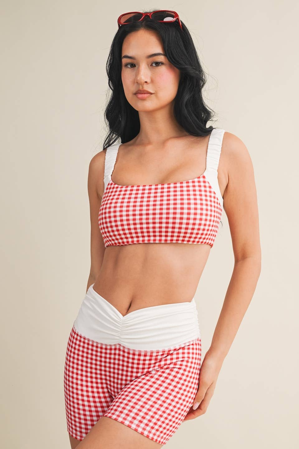 Red Gingham Scrunched Strap Sports Bra