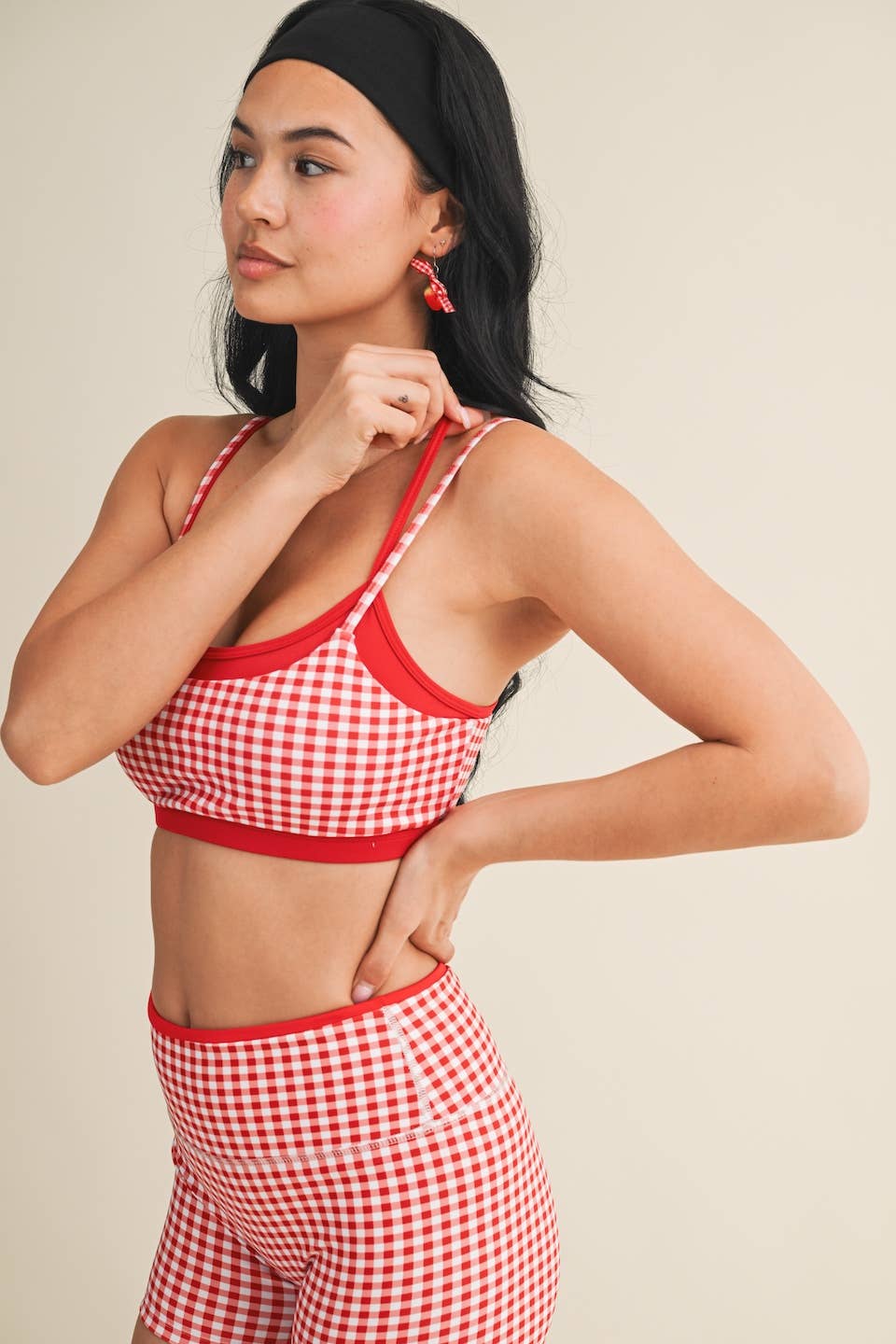 Red Gingham Layered Sports Bra